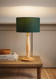 ValueLights Victoria Light Wood Traditional Stem Table Lamp with Fabric Drum Shade in Green - thumbnail 1