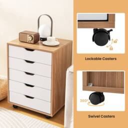 Costway 5 Drawer Rolling Storage Cabinet Mobile Chest of Drawers Wooden Dresser Organizer Coffee in Natural - thumbnail 5