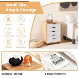 Costway 5 Drawer Rolling Storage Cabinet Mobile Chest of Drawers Wooden Dresser Organizer Coffee in Natural - thumbnail 3