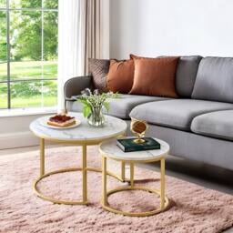 FORGEVIO Nesting Coffee Tables Set of 2, Round Side Table for Living Room in White - Size: 0.6m2 - thumbnail 4