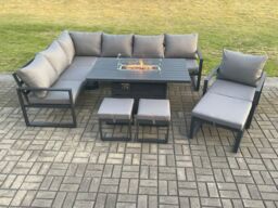 Fimous Aluminium 9 Pieces Garden Furniture Corner Sofa Set with Cushions Gas Fire Pit Dining Table Set with Chair 3 Footstools Dark Grey - thumbnail 2