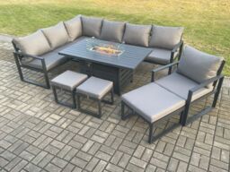 Fimous Aluminium 9 Pieces Garden Furniture Corner Sofa Set with Cushions Gas Fire Pit Dining Table Set with Chair 3 Footstools Dark Grey - thumbnail 1