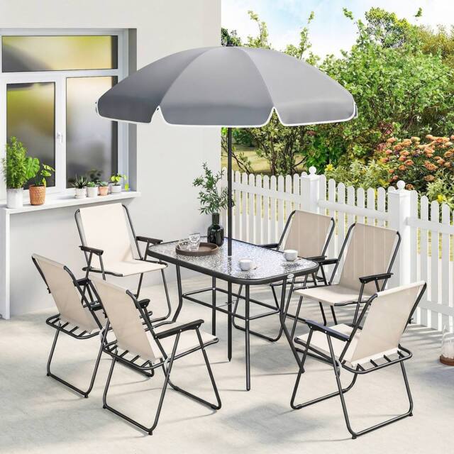 OUTSUNNY 8 Piece Garden Dining Set with 6 Folding Chairs & Umbrella in Cream - image 1