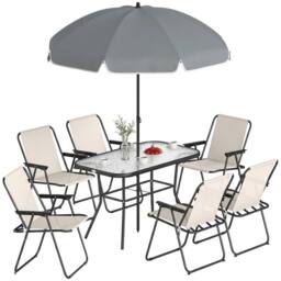 OUTSUNNY 8 Piece Garden Dining Set with 6 Folding Chairs & Umbrella in Cream - thumbnail 2