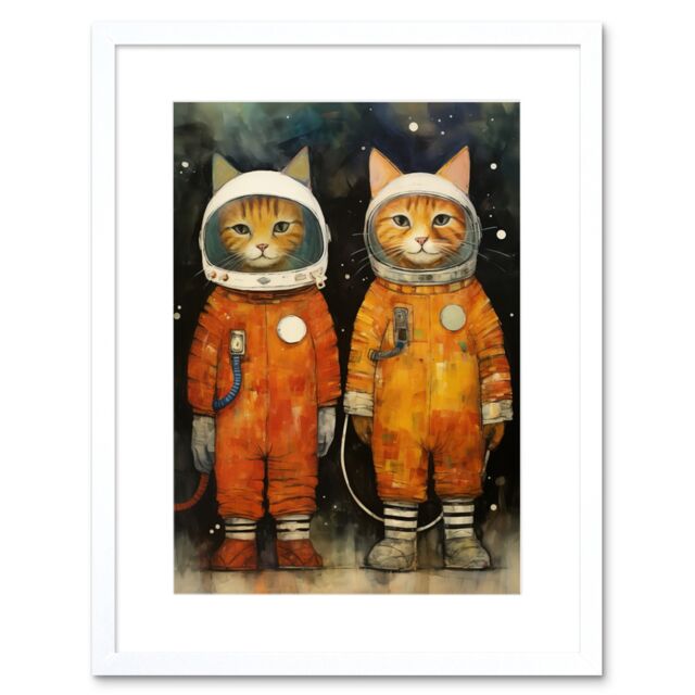 "Artery8 Wall Art Print Cosmic Cats in Outer Space Moon Walk Fun Kids Bedroom Artwork Framed 9X7 Inch in White - Size: W7"" x H9""" - image 1