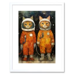 "Artery8 Wall Art Print Cosmic Cats in Outer Space Moon Walk Fun Kids Bedroom Artwork Framed 9X7 Inch in White - Size: W7"" x H9""" - thumbnail 1