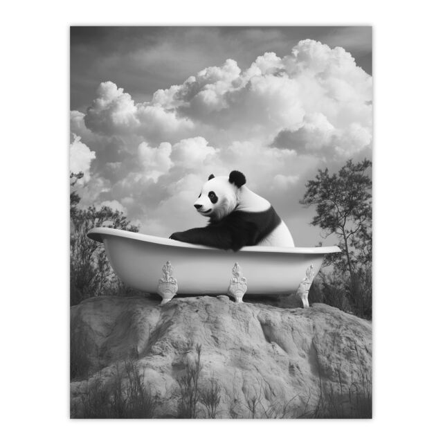 "Artery8 Panda Bear in Elegant Bathtub Black White Surreal Wall Art Print in Grey - Size: W24"" x H32""" - image 1