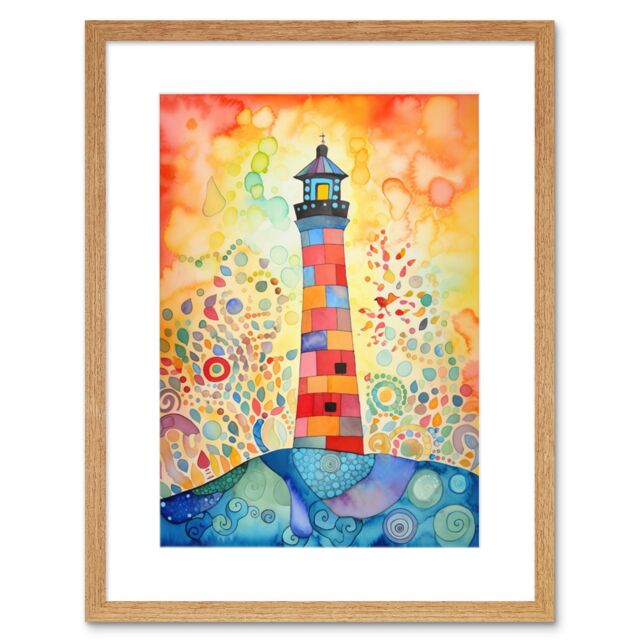 "Artery8 Wall Art Print Lighthouse At Sunset Dreamy Folk Art Watercolour Painting Artwork Framed 9X7 Inch in Beige - Size: W7"" x H9""" - image 1