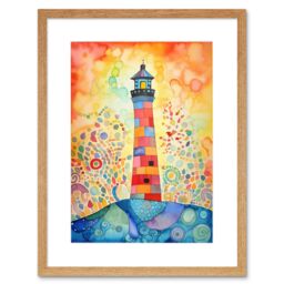"Artery8 Wall Art Print Lighthouse At Sunset Dreamy Folk Art Watercolour Painting Artwork Framed 9X7 Inch in Beige - Size: W7"" x H9""" - thumbnail 1