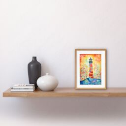 "Artery8 Wall Art Print Lighthouse At Sunset Dreamy Folk Art Watercolour Painting Artwork Framed 9X7 Inch in Beige - Size: W7"" x H9""" - thumbnail 2