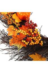 H&O Direct 60cm Autumn Wreath with Maple Leaves, Pumpkins, Berries & 2m LED Lights - thumbnail 6