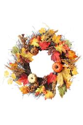 H&O Direct 60cm Autumn Wreath with Maple Leaves, Pumpkins, Berries & 2m LED Lights - thumbnail 1