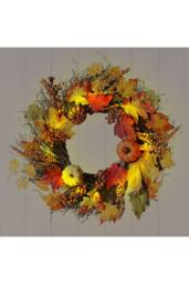 H&O Direct 60cm Autumn Wreath with Maple Leaves, Pumpkins, Berries & 2m LED Lights - thumbnail 3