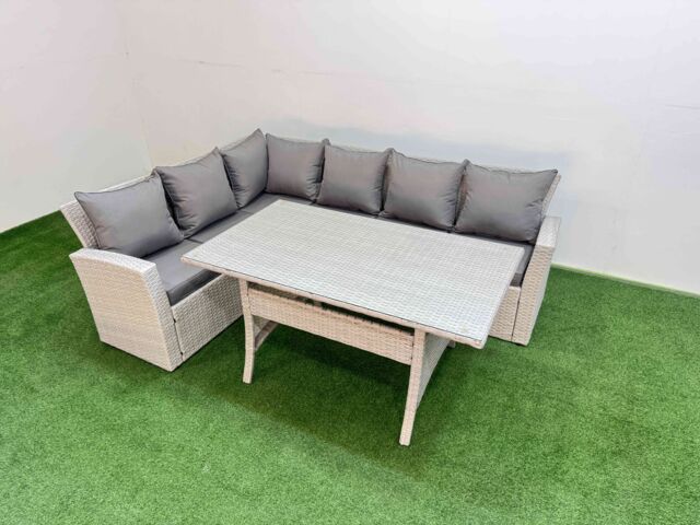 Fimous 6 Seater Rattan Garden Furniture Set with Dining Table in Light Grey - image 1