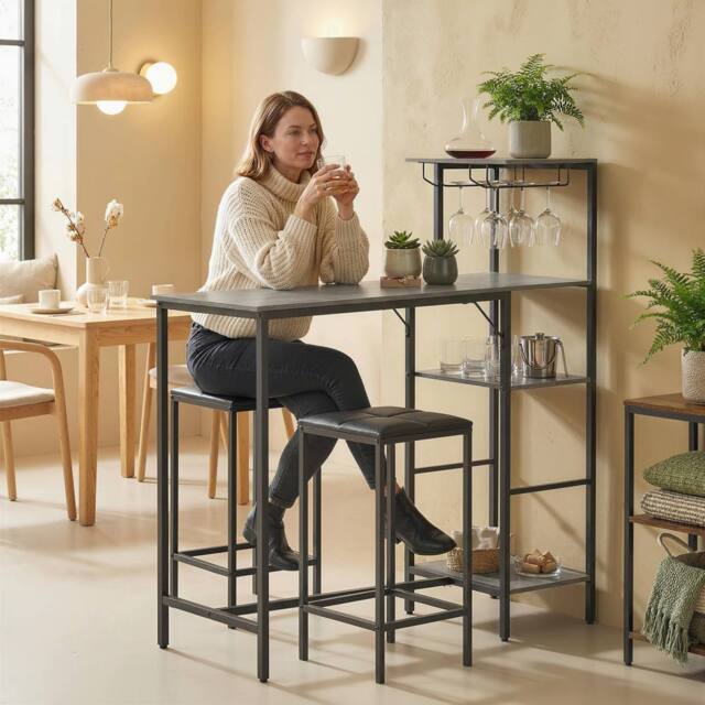 HOMCOM 3Pcs Breakfast Bar Table & Stools Set 4-tier shelving in Grey - image 1