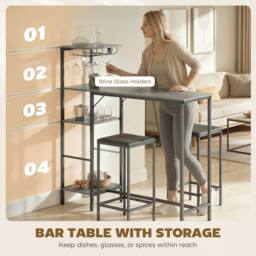 HOMCOM 3Pcs Breakfast Bar Table & Stools Set 4-tier shelving in Grey - thumbnail 6