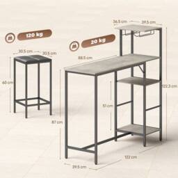HOMCOM 3Pcs Breakfast Bar Table & Stools Set 4-tier shelving in Grey - thumbnail 3