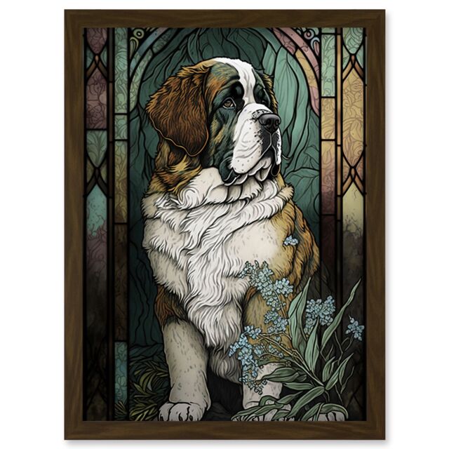 Artery8 St Bernard Dog with Silvery Lupine Flowers Modern Art Nouveau Illustration Artwork Framed Wall Art Print A4 in Brown - image 1