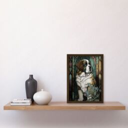 Artery8 St Bernard Dog with Silvery Lupine Flowers Modern Art Nouveau Illustration Artwork Framed Wall Art Print A4 in Brown - thumbnail 2
