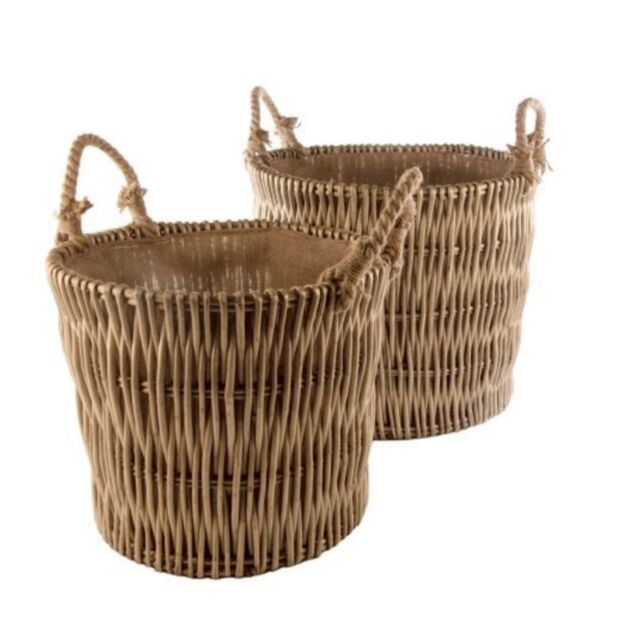Red Hamper Wicker Set of 2 Vertical Weave Hessian Lined Log Baskets in Natural - image 1