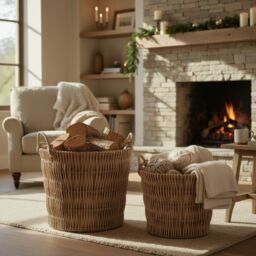 Red Hamper Wicker Set of 2 Vertical Weave Hessian Lined Log Baskets in Natural - thumbnail 2