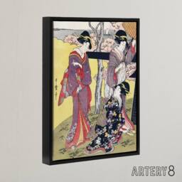 "Artery8 Cherry Blossom Viewing Gotenyama Framed Canvas Wall Art Print Kitagawa in Purple - Size: W12"" x H16""" - thumbnail 2