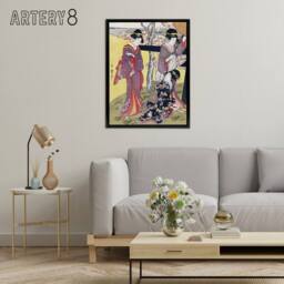 "Artery8 Cherry Blossom Viewing Gotenyama Framed Canvas Wall Art Print Kitagawa in Purple - Size: W12"" x H16""" - thumbnail 3