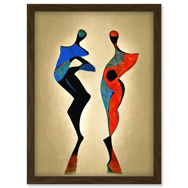 Artery8 Two Posing Models In Red & Blue Abstract Modern Painting Artwork Framed Wall Art Print A4 in Brown - image 1
