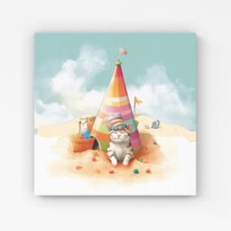 "Warren Reed - Designer Cat On A Beach Holiday Canvas in Yellow - Size: W16"" x H16""" - thumbnail 1