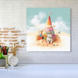 "Warren Reed - Designer Cat On A Beach Holiday Canvas in Yellow - Size: W16"" x H16""" - thumbnail 2