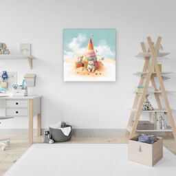 "Warren Reed - Designer Cat On A Beach Holiday Canvas in Yellow - Size: W16"" x H16""" - thumbnail 3