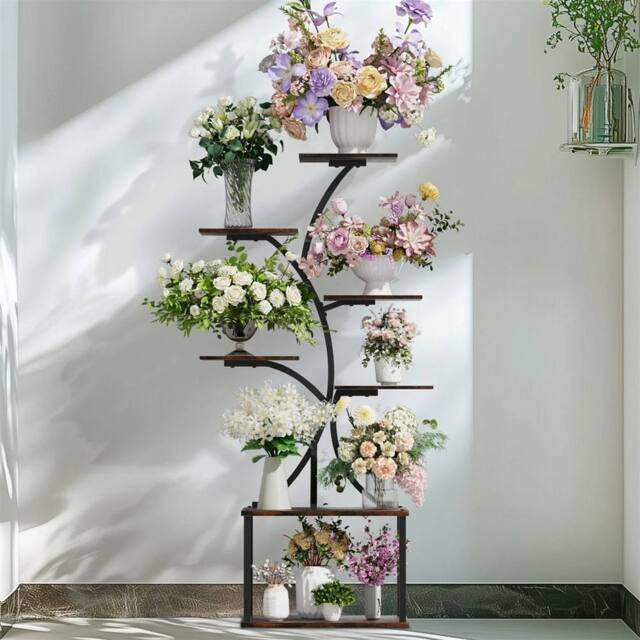 KORVIXA 8 Pots Plant Stand Shelf Multiple Potted Plant Holder in Black - Size: 0.6m2 - image 1