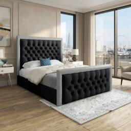Casani Thorne Glitter Border Upholstered Black Soft Velvet Designer Bed Frame - Size: Small Double - thumbnail 1