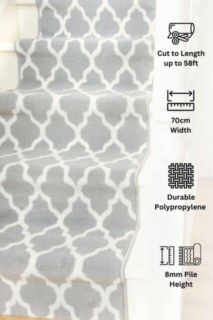 Kukoon Grey Trellis Cut to Measure Stair Carpet Runner Rug 70cm Wide - Size: 70 cm x 870 cm - image 1