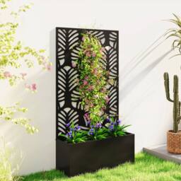 OUTSUNNY Metal Raised Garden Bed with Trellis, Outdoor Elevated Planter Box in Black
