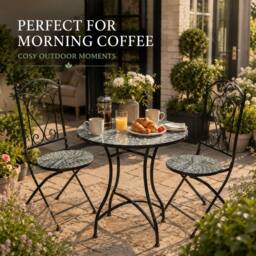 Shatchi Mosaic Bistro Set with Folding Chairs & Ceramic Top Table - thumbnail 9