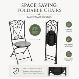 Shatchi Mosaic Bistro Set with Folding Chairs & Ceramic Top Table - thumbnail 3