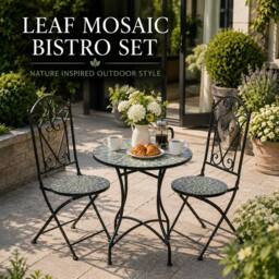 Shatchi Mosaic Bistro Set with Folding Chairs & Ceramic Top Table - thumbnail 6