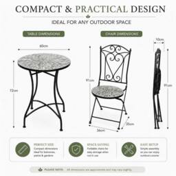 Shatchi Mosaic Bistro Set with Folding Chairs & Ceramic Top Table - thumbnail 5