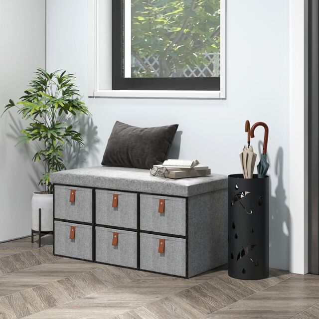 HOMCOM Shoe Bench with Cushioned Seat, 6 Fabric Drawers for Entryway Hallway in Light Grey - image 1