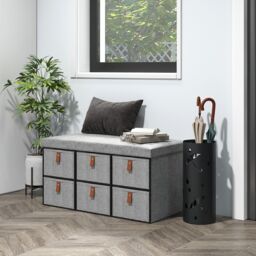 HOMCOM Shoe Bench with Cushioned Seat, 6 Fabric Drawers for Entryway Hallway in Light Grey