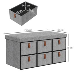 HOMCOM Shoe Bench with Cushioned Seat, 6 Fabric Drawers for Entryway Hallway in Light Grey - thumbnail 3