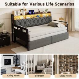 BTM 3ft Single Daybed Trundle Storage Bed Frame LED USB Charging in Grey - thumbnail 7