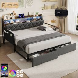 BTM 3ft Single Daybed Trundle Storage Bed Frame LED USB Charging in Grey