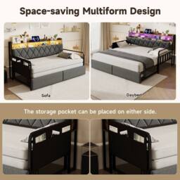 BTM 3ft Single Daybed Trundle Storage Bed Frame LED USB Charging in Grey - thumbnail 8