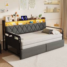 BTM 3ft Single Daybed Trundle Storage Bed Frame LED USB Charging in Grey - thumbnail 4