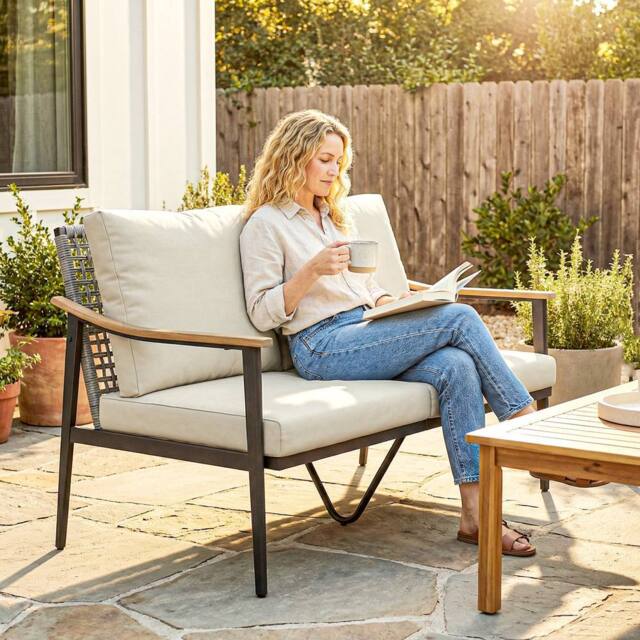 OUTSUNNY 2 Seater Rattan Garden Sofa with Wood-Effect Arms, Cushions in Beige