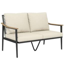 OUTSUNNY 2 Seater Rattan Garden Sofa with Wood-Effect Arms, Cushions in Beige - thumbnail 2