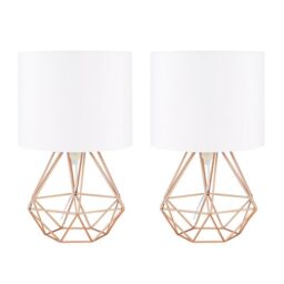 ValueLights Pair Of Modern Copper Metal Basket Cage Table Lamps With White Fabric Shades - thumbnail 2