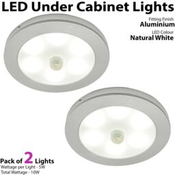 Loops 2x ALUMINIUM Ultra-Slim Round Under Cabinet Kitchen Light & Driver Kit - AUTO ON / Off-PIR - Natural White LED - thumbnail 2